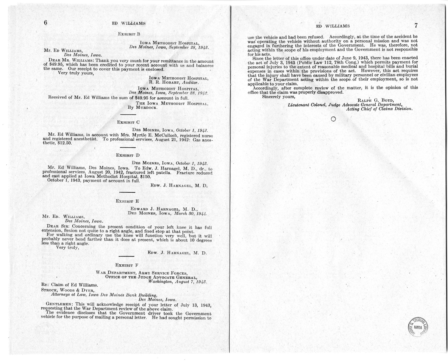 Memorandum from Frederick J. Bailey to M. C. Latta, H.R. 879, For the Relief of Ed Williams, with Attachments