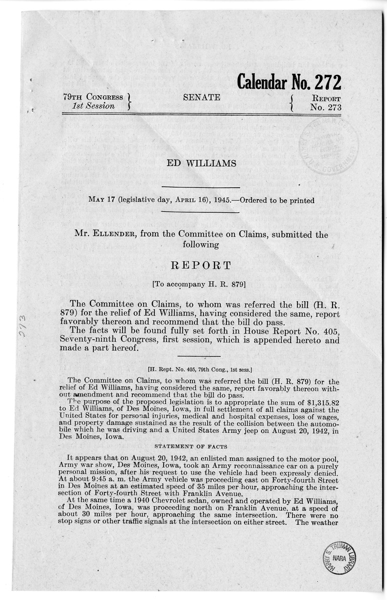 Memorandum from Frederick J. Bailey to M. C. Latta, H.R. 879, For the Relief of Ed Williams, with Attachments