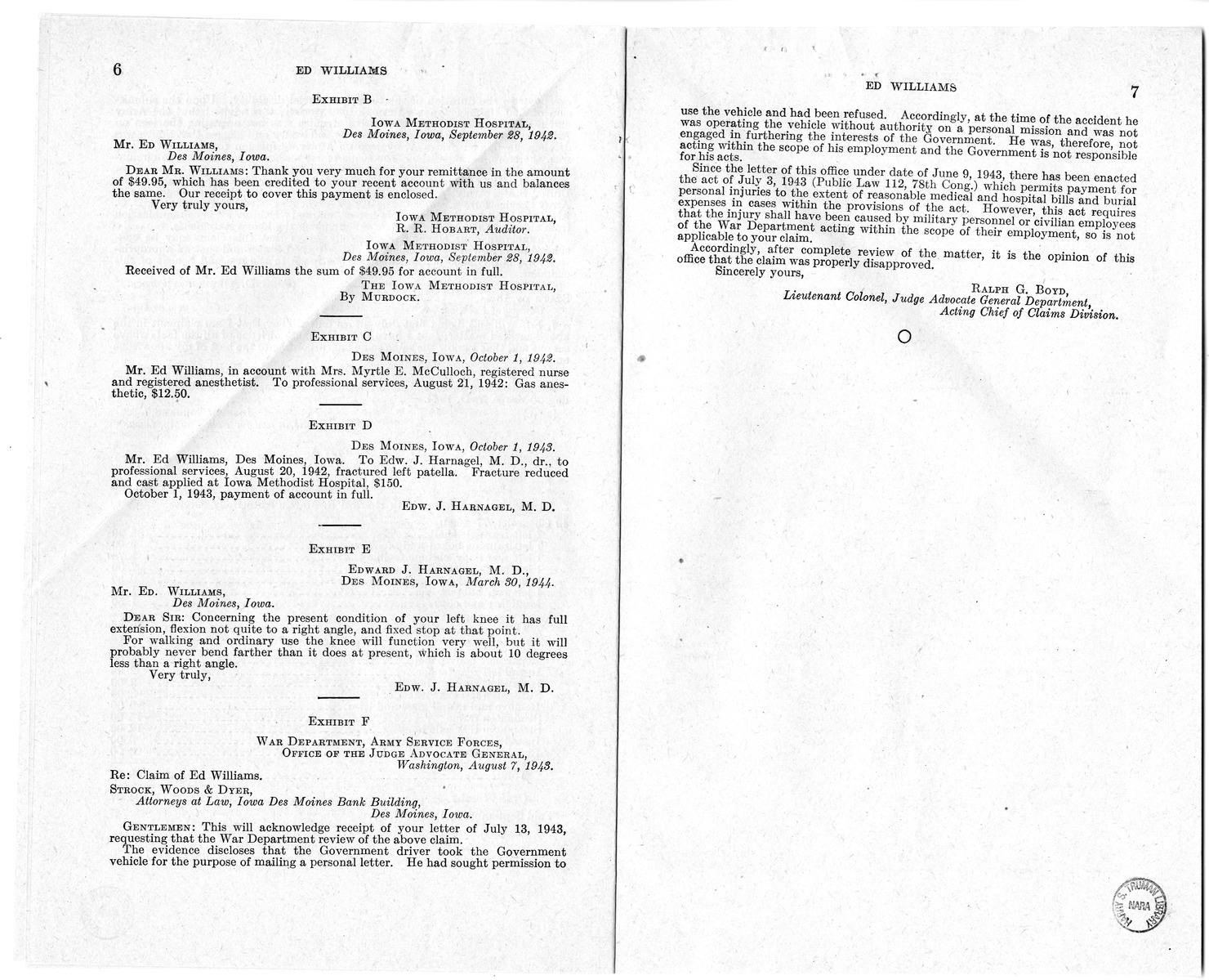 Memorandum from Frederick J. Bailey to M. C. Latta, H.R. 879, For the Relief of Ed Williams, with Attachments
