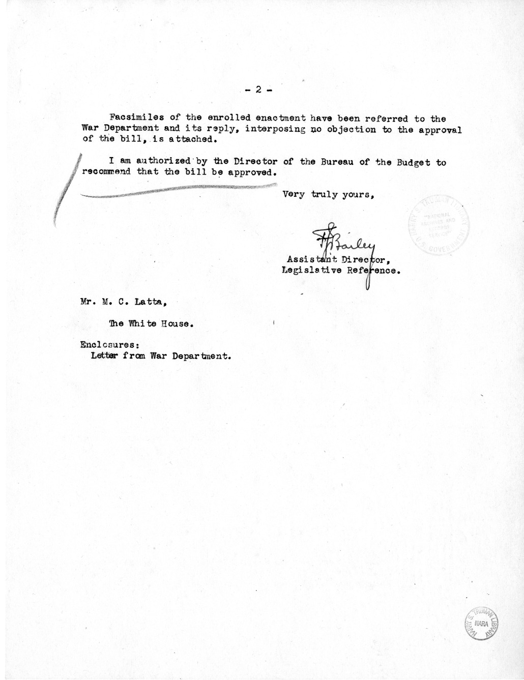 Memorandum from Frederick J. Bailey to M. C. Latta, H.R. 904, For the Relief of Fred A. Lower, with Attachments