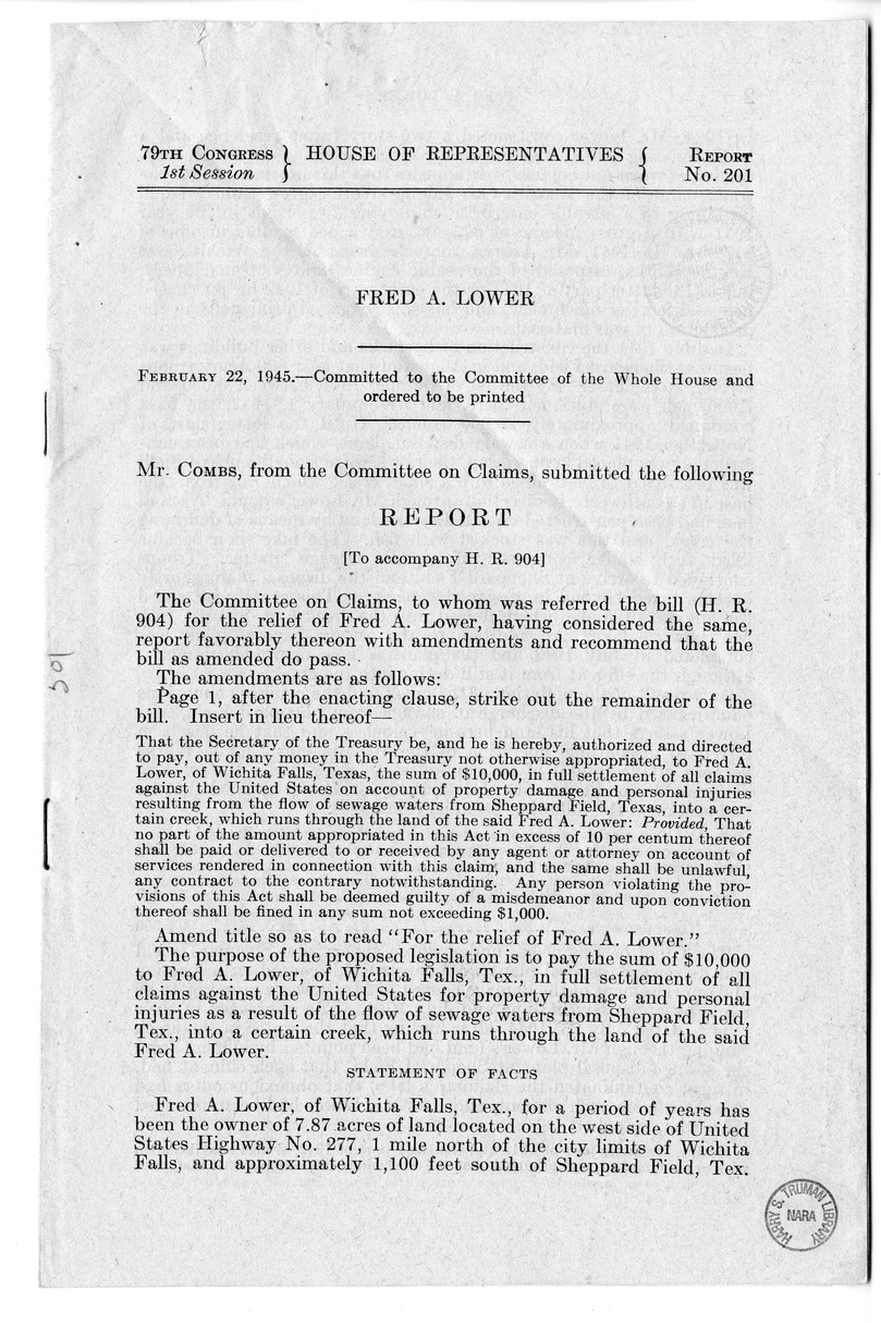 Memorandum from Frederick J. Bailey to M. C. Latta, H.R. 904, For the Relief of Fred A. Lower, with Attachments