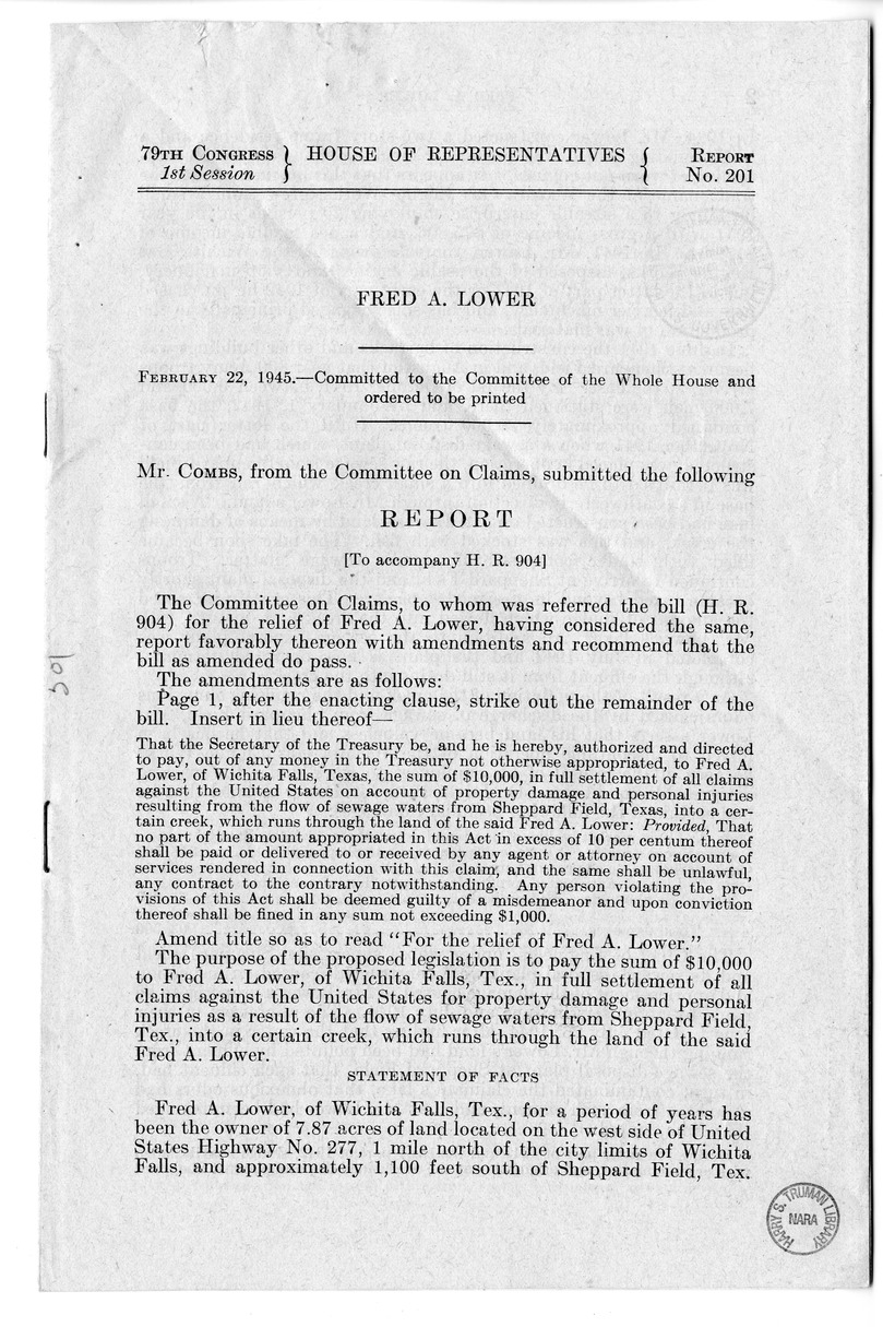 Memorandum from Frederick J. Bailey to M. C. Latta, H.R. 904, For the Relief of Fred A. Lower, with Attachments