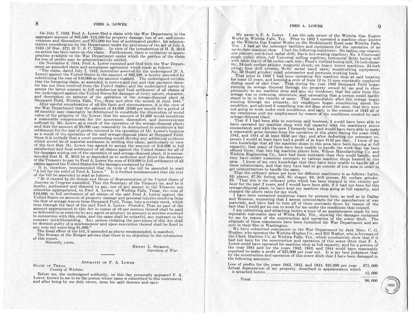Memorandum from Frederick J. Bailey to M. C. Latta, H.R. 904, For the Relief of Fred A. Lower, with Attachments