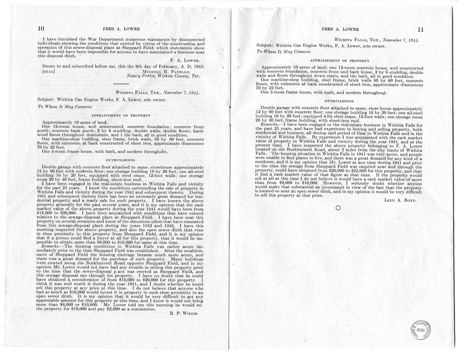 Memorandum from Frederick J. Bailey to M. C. Latta, H.R. 904, For the Relief of Fred A. Lower, with Attachments