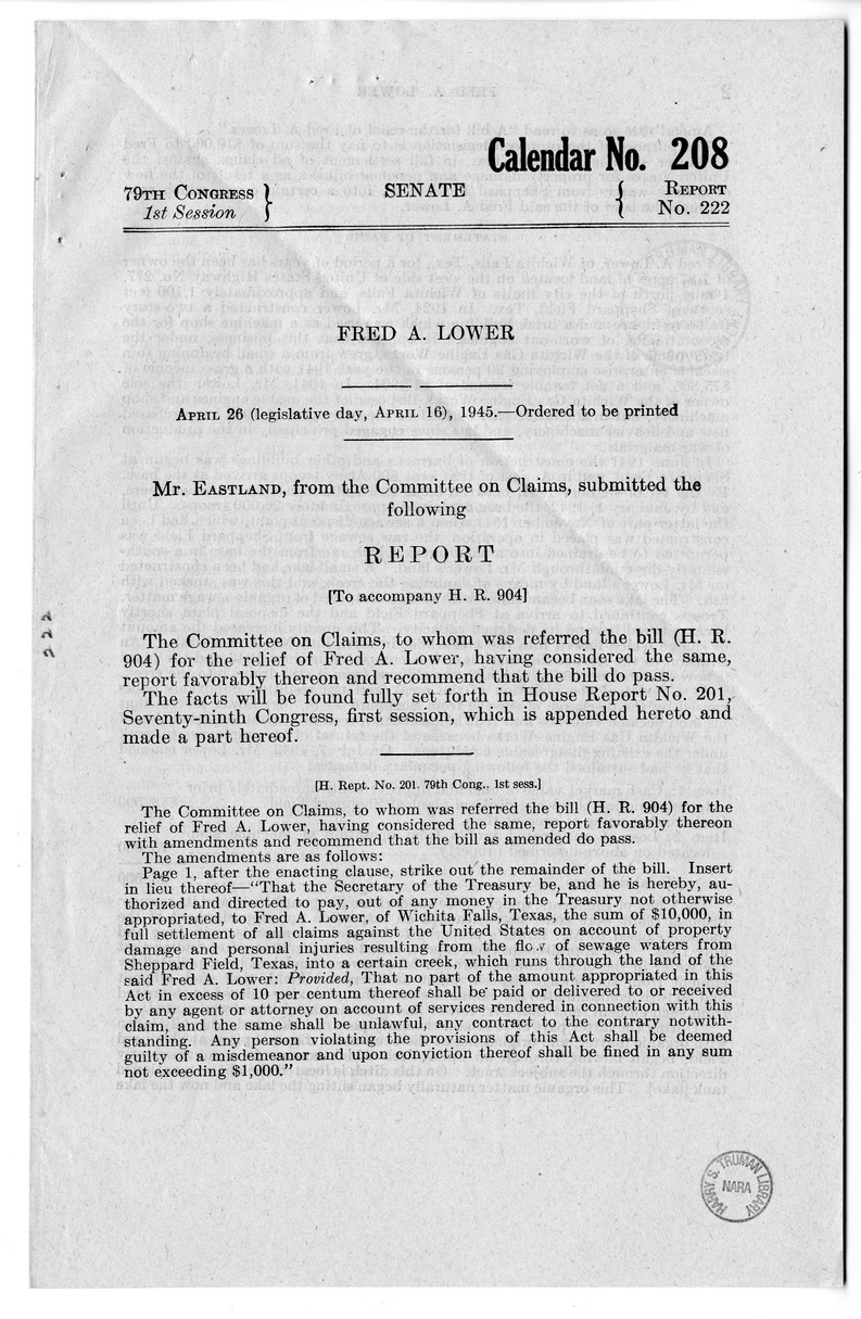 Memorandum from Frederick J. Bailey to M. C. Latta, H.R. 904, For the Relief of Fred A. Lower, with Attachments