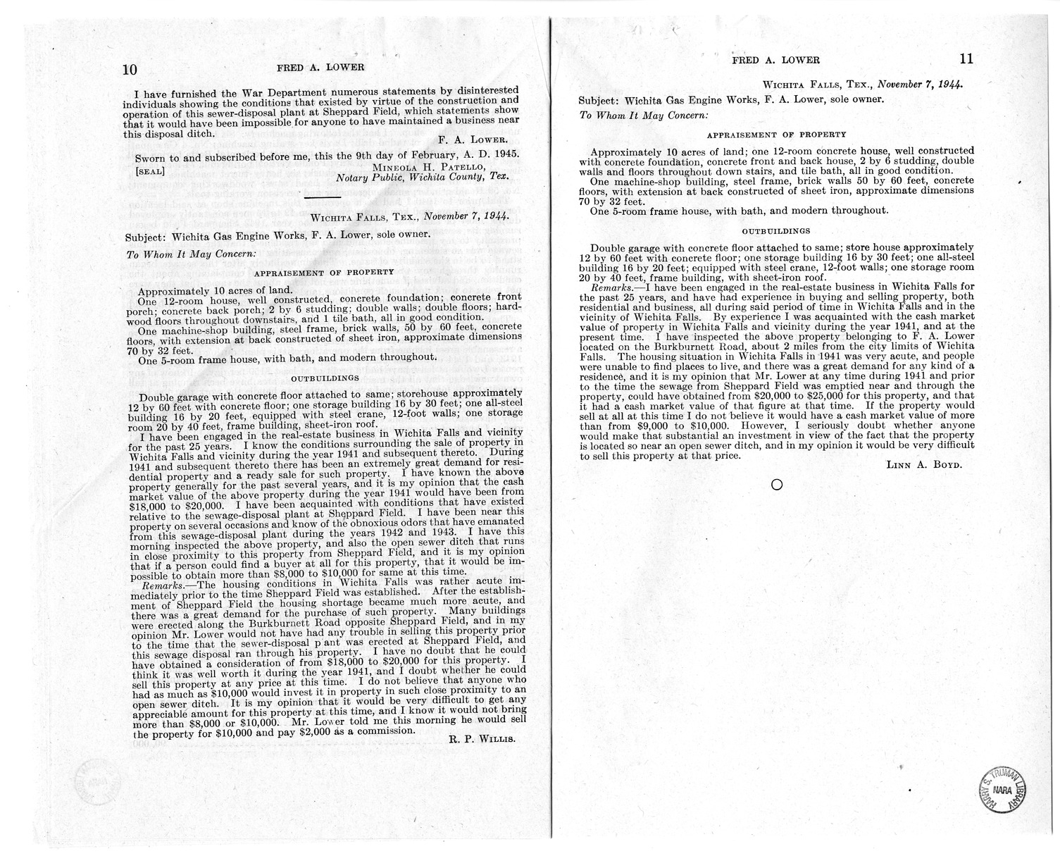 Memorandum from Frederick J. Bailey to M. C. Latta, H.R. 904, For the Relief of Fred A. Lower, with Attachments