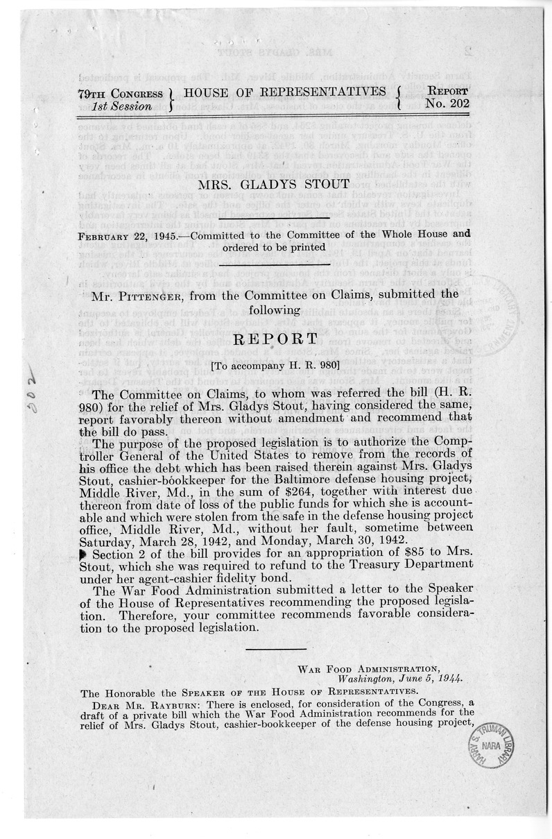 Memorandum from Frederick J. Bailey to M. C. Latta, H.R. 980, For the Relief of Mrs. Gladys Stout, with Attachments