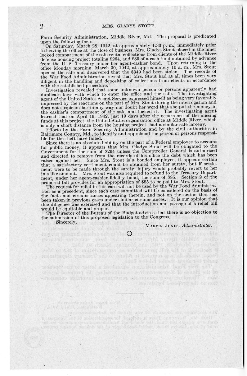 Memorandum from Frederick J. Bailey to M. C. Latta, H.R. 980, For the Relief of Mrs. Gladys Stout, with Attachments