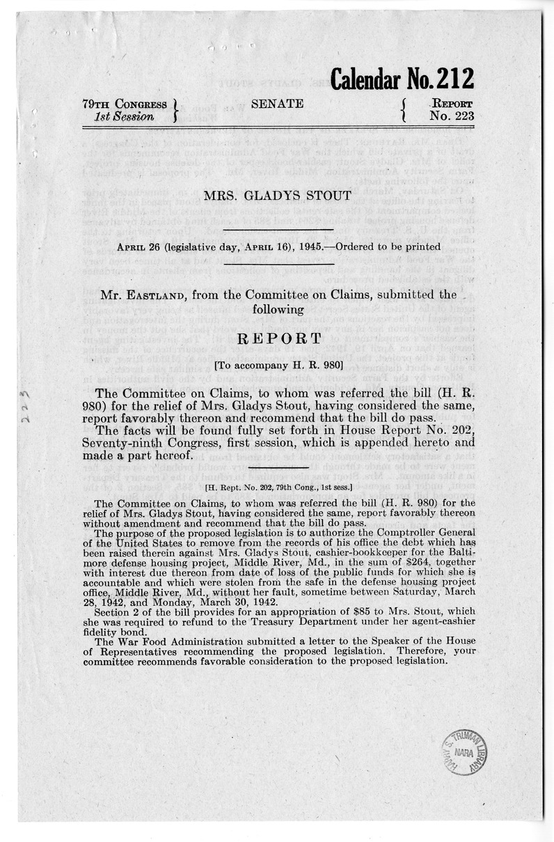 Memorandum from Frederick J. Bailey to M. C. Latta, H.R. 980, For the Relief of Mrs. Gladys Stout, with Attachments