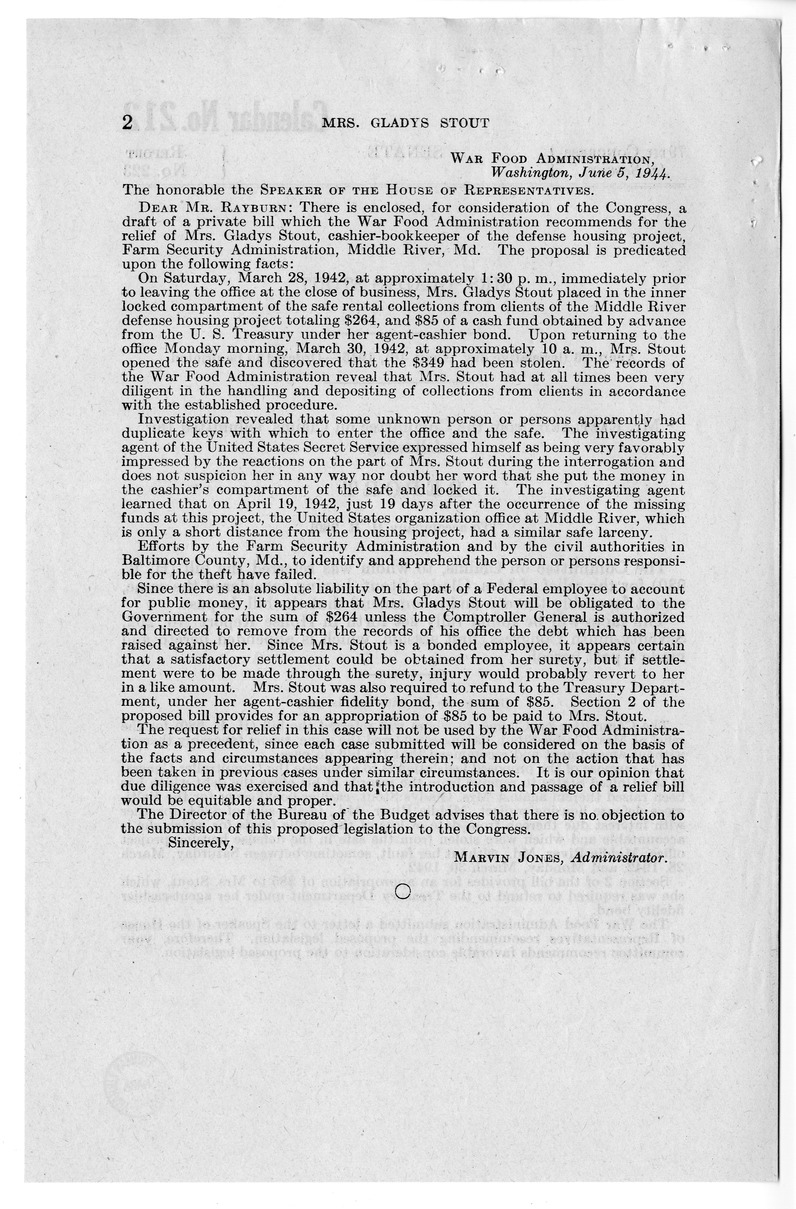 Memorandum from Frederick J. Bailey to M. C. Latta, H.R. 980, For the Relief of Mrs. Gladys Stout, with Attachments