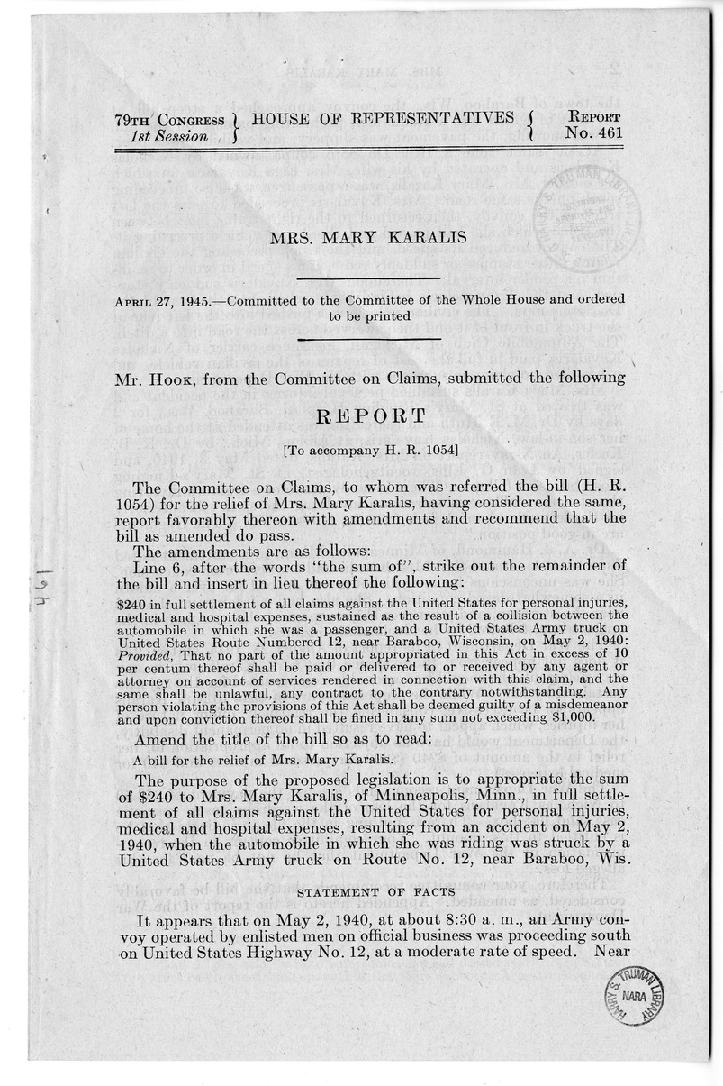 Memorandum from Frederick J. Bailey to M. C. Latta, H.R. 1054, For the Relief of Mrs. Mary Karalis, with Attachments