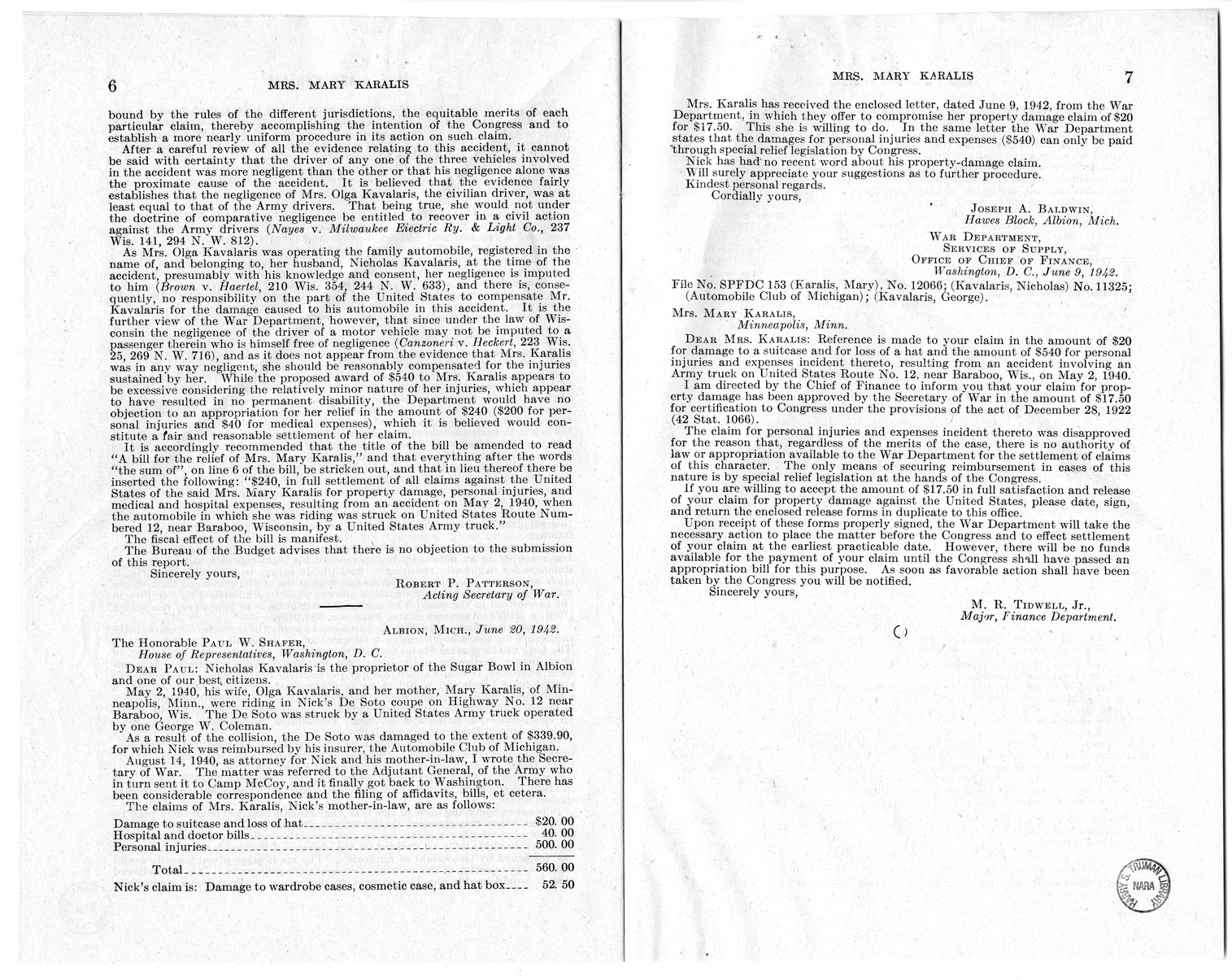 Memorandum from Frederick J. Bailey to M. C. Latta, H.R. 1054, For the Relief of Mrs. Mary Karalis, with Attachments