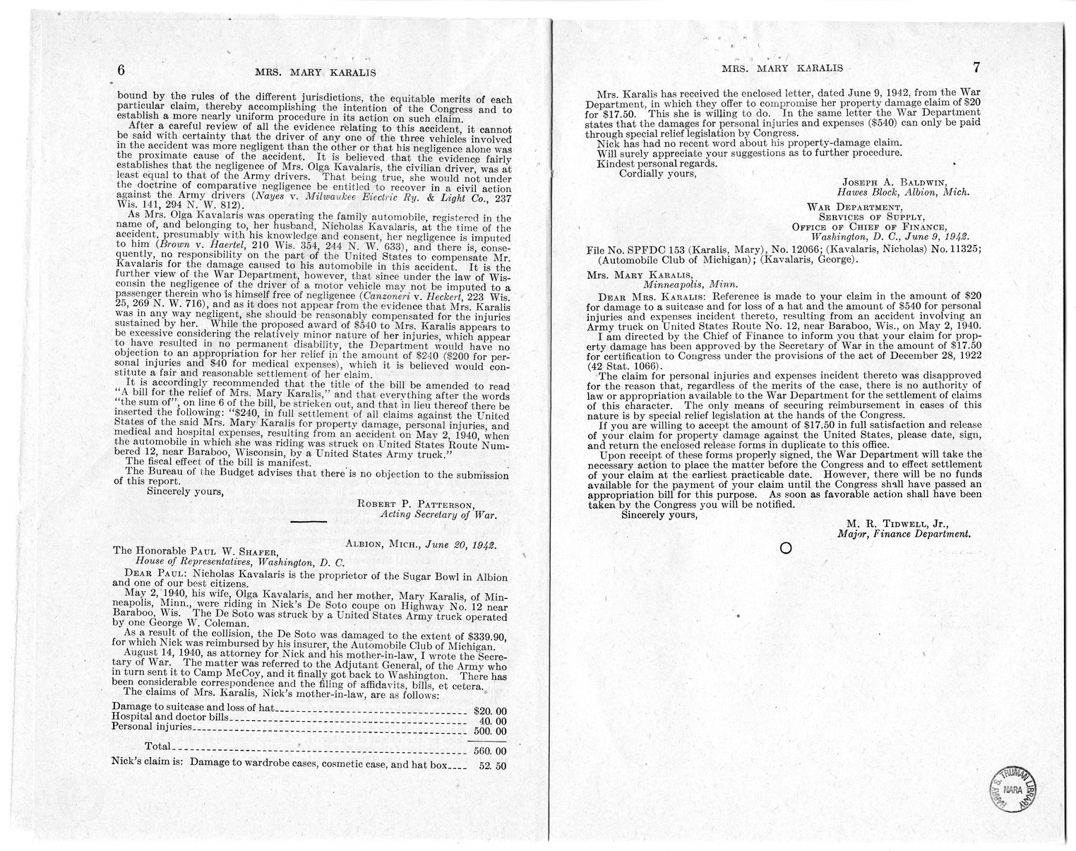 Memorandum from Frederick J. Bailey to M. C. Latta, H.R. 1054, For the Relief of Mrs. Mary Karalis, with Attachments