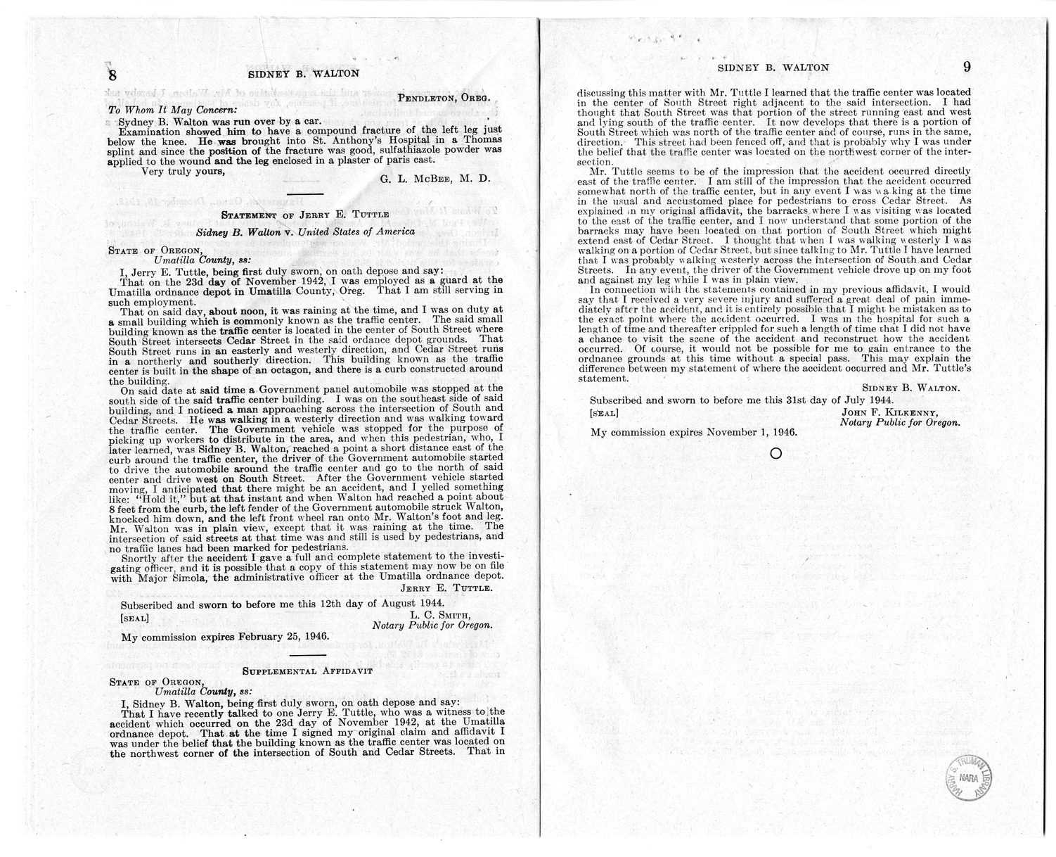 Memorandum from Frederick J. Bailey to M. C. Latta, H.R. 1069, For the Relief of Sidney B. Walton, with Attachments
