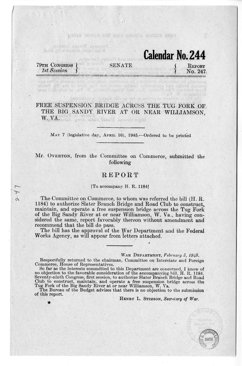 Memorandum from Frederick J. Bailey to M. C. Latta, H.R. 1184, To Authorize Slater Branch Bridge and Road Club to Construct, Maintain, and Operate a Free Suspension Bridge Across the Tug Fork of the Big Sandy River Near Williamson, West Virginia, with Att