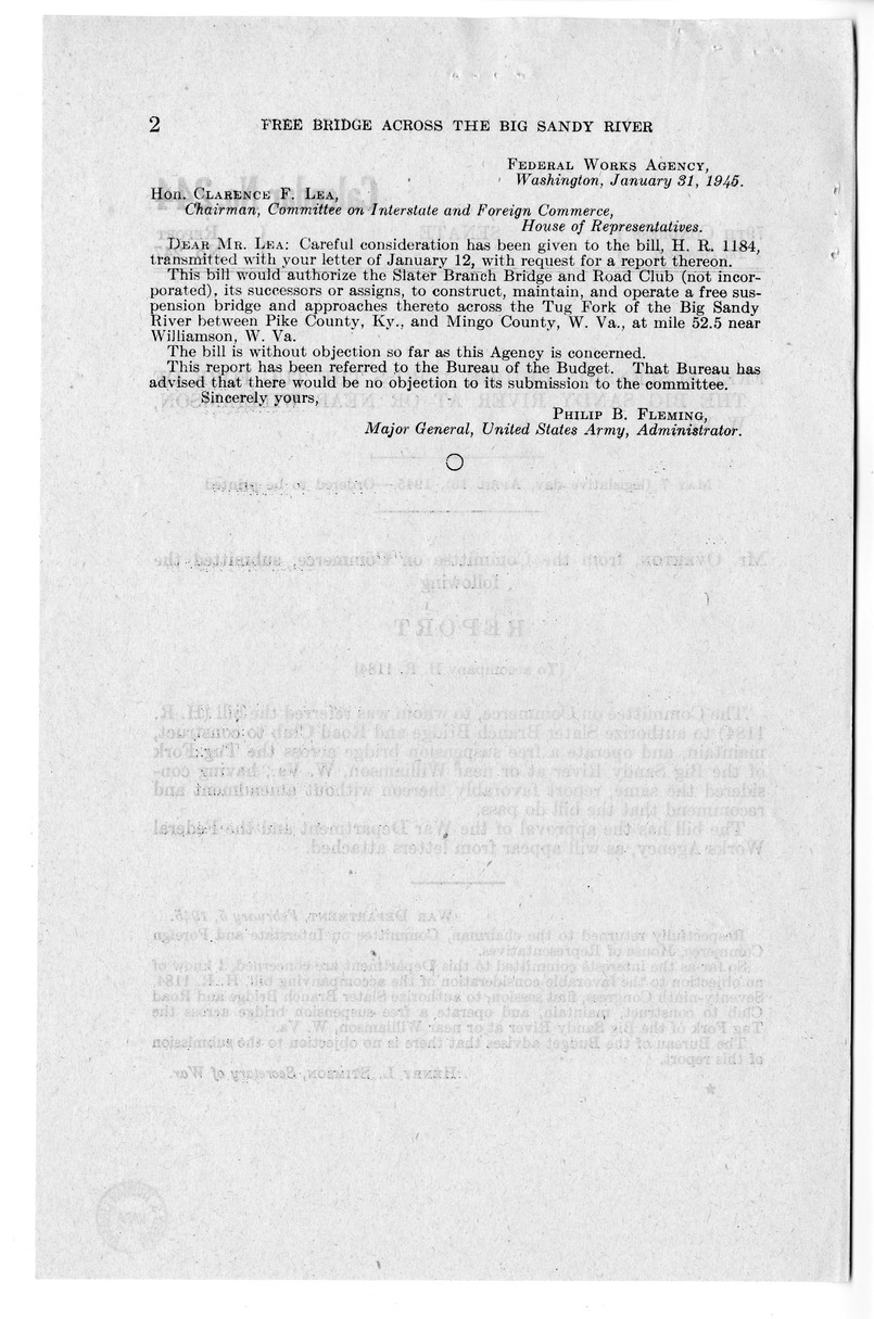 Memorandum from Frederick J. Bailey to M. C. Latta, H.R. 1184, To Authorize Slater Branch Bridge and Road Club to Construct, Maintain, and Operate a Free Suspension Bridge Across the Tug Fork of the Big Sandy River Near Williamson, West Virginia, with Att