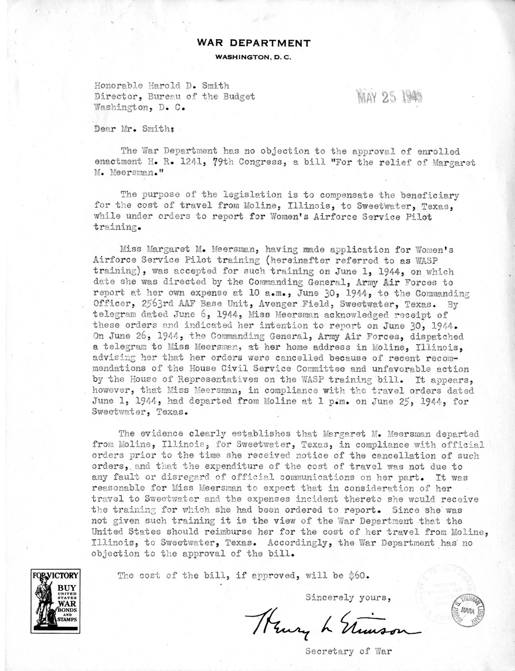 Memorandum from Frederick J. Bailey to M. C. Latta, H.R. 1241, For the Relief of Margaret M. Meersman, with Attachments