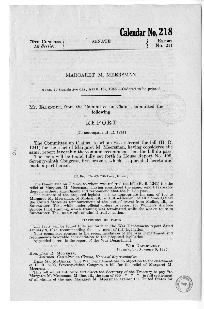 Memorandum from Frederick J. Bailey to M. C. Latta, H.R. 1241, For the Relief of Margaret M. Meersman, with Attachments