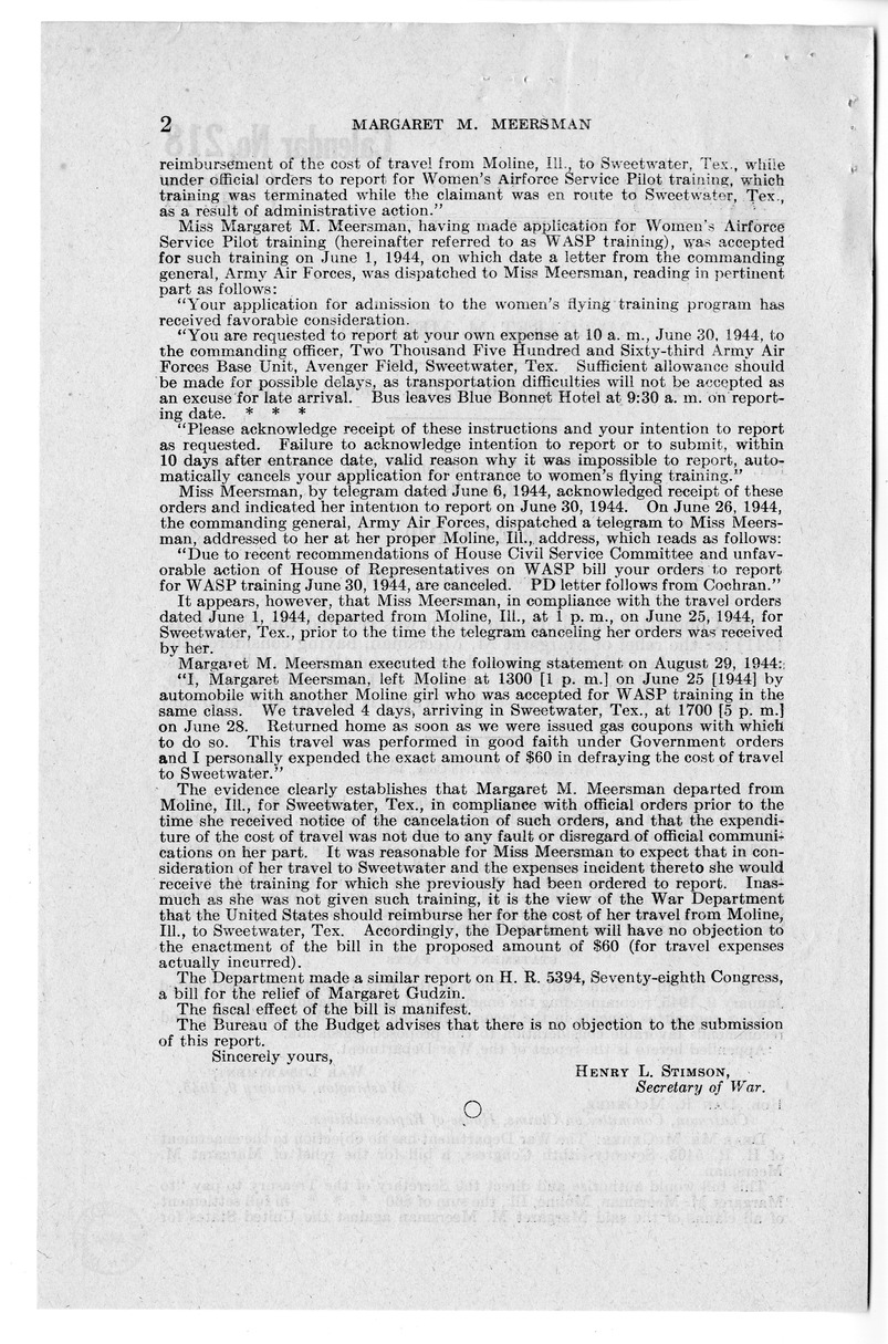 Memorandum from Frederick J. Bailey to M. C. Latta, H.R. 1241, For the Relief of Margaret M. Meersman, with Attachments