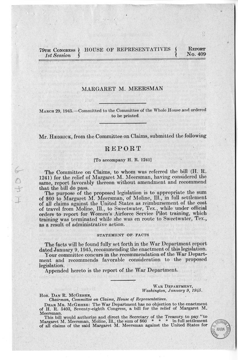 Memorandum from Frederick J. Bailey to M. C. Latta, H.R. 1241, For the Relief of Margaret M. Meersman, with Attachments