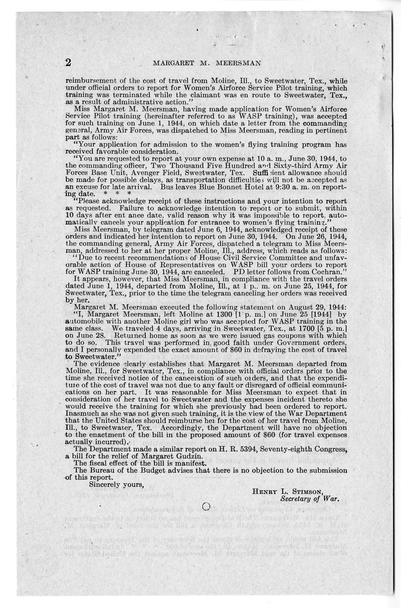 Memorandum from Frederick J. Bailey to M. C. Latta, H.R. 1241, For the Relief of Margaret M. Meersman, with Attachments