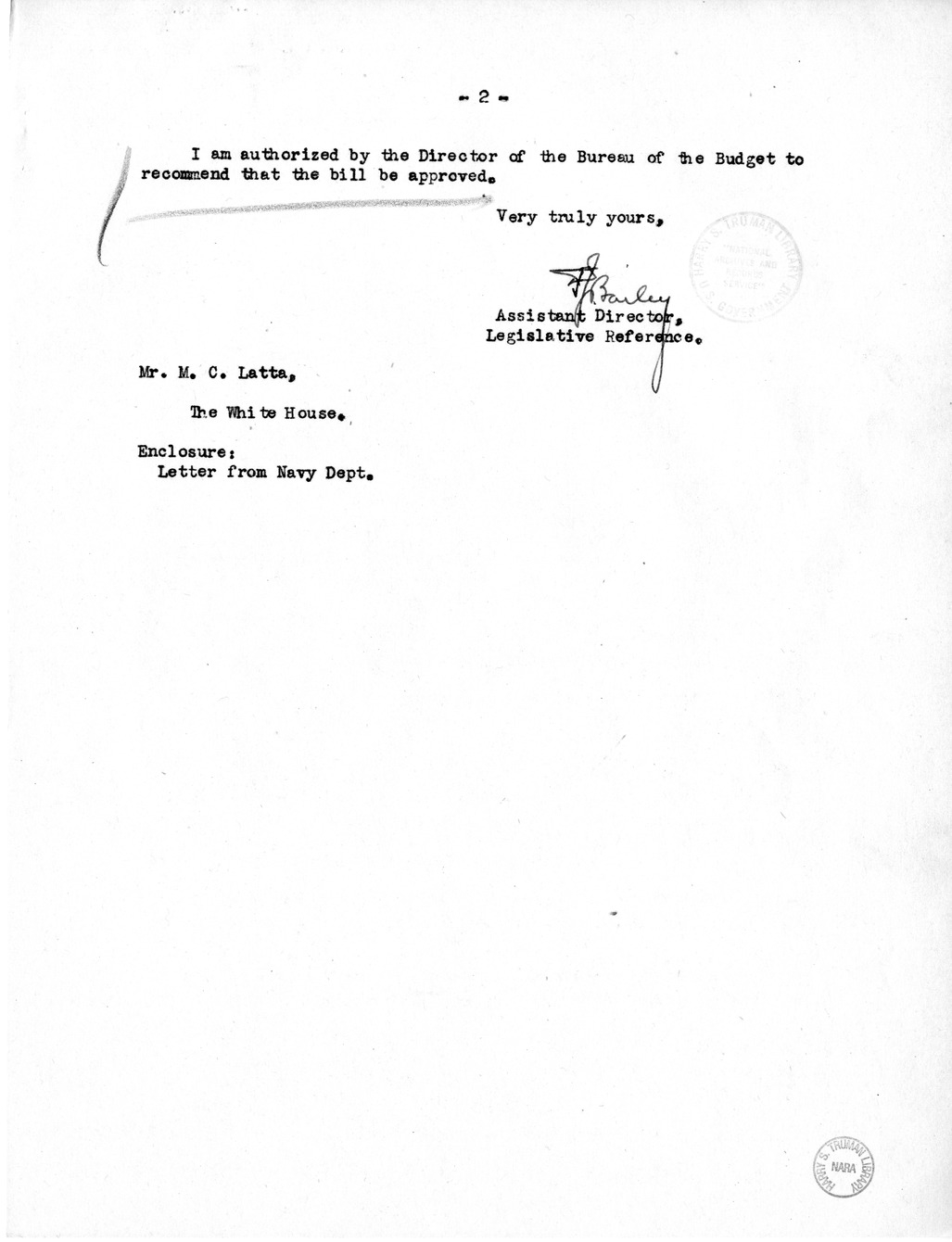 Memorandum from Frederick J. Bailey to M. C. Latta, H.R. 1347, For the Relief of Lee Graham, with Attachments