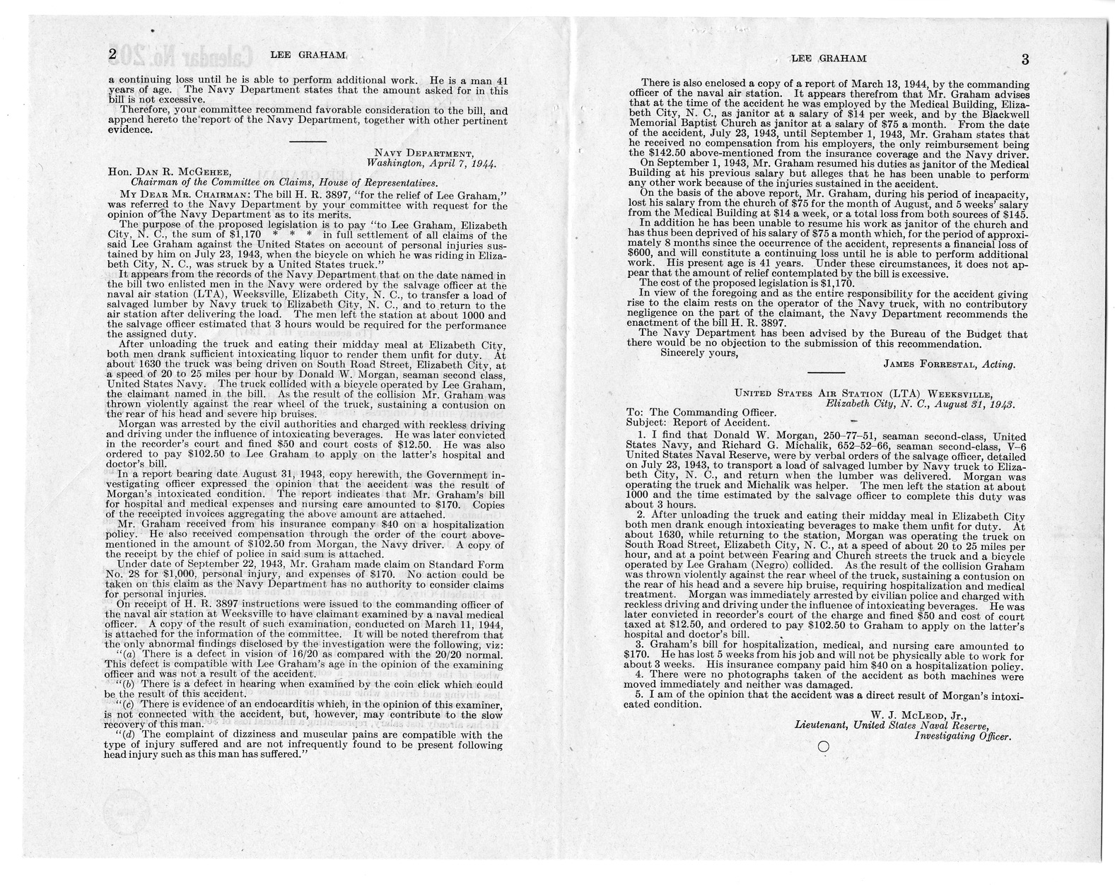 Memorandum from Frederick J. Bailey to M. C. Latta, H.R. 1347, For the Relief of Lee Graham, with Attachments