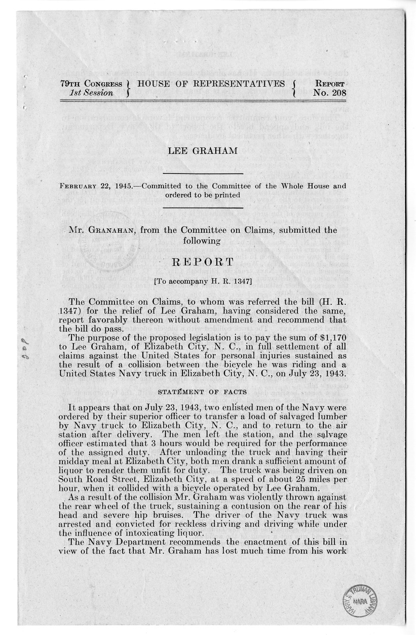 Memorandum from Frederick J. Bailey to M. C. Latta, H.R. 1347, For the Relief of Lee Graham, with Attachments