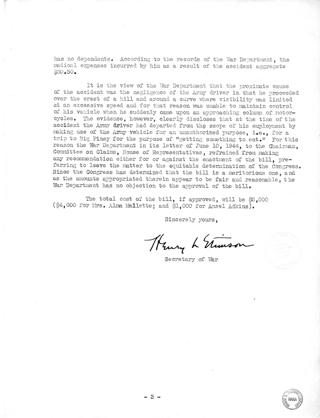 Memorandum from Frederick J. Bailey to M. C. Latta, H.R. 1558, For the Relief of Mrs. Alma Mallette and Ansel Adkins, with Attachments