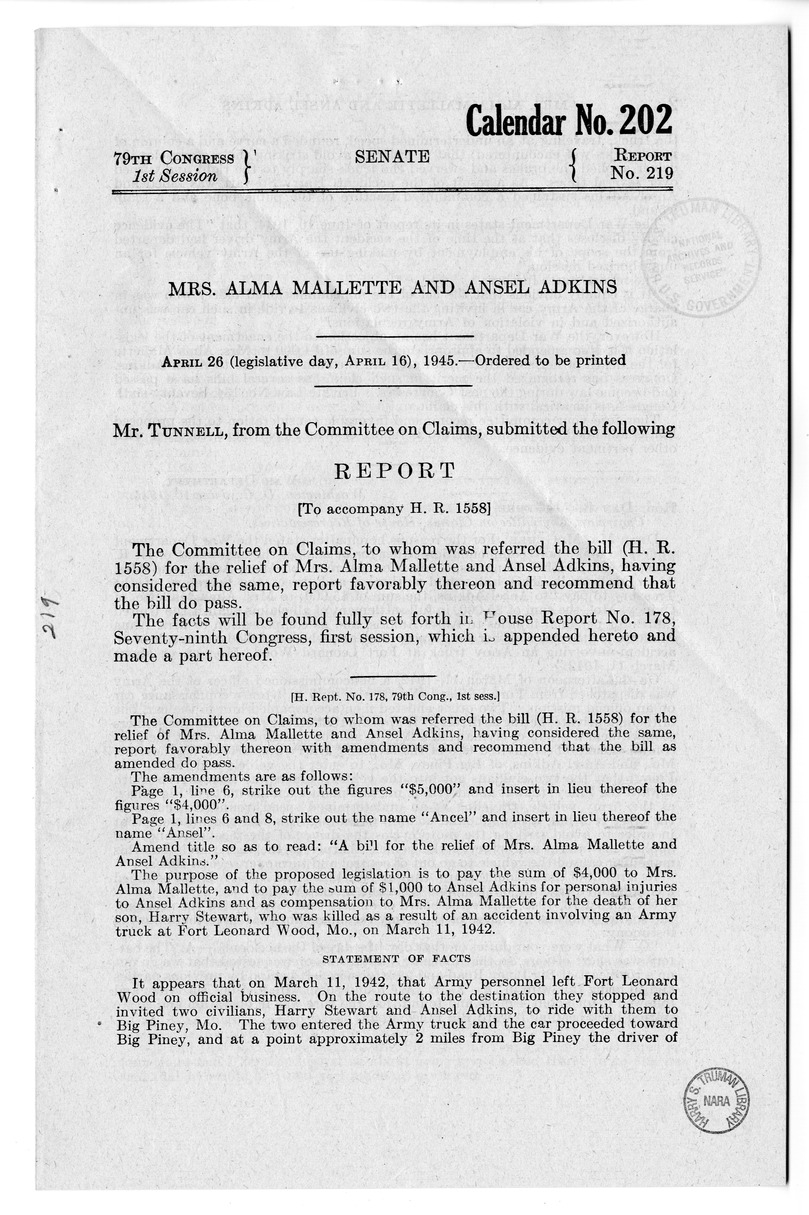 Memorandum from Frederick J. Bailey to M. C. Latta, H.R. 1558, For the Relief of Mrs. Alma Mallette and Ansel Adkins, with Attachments