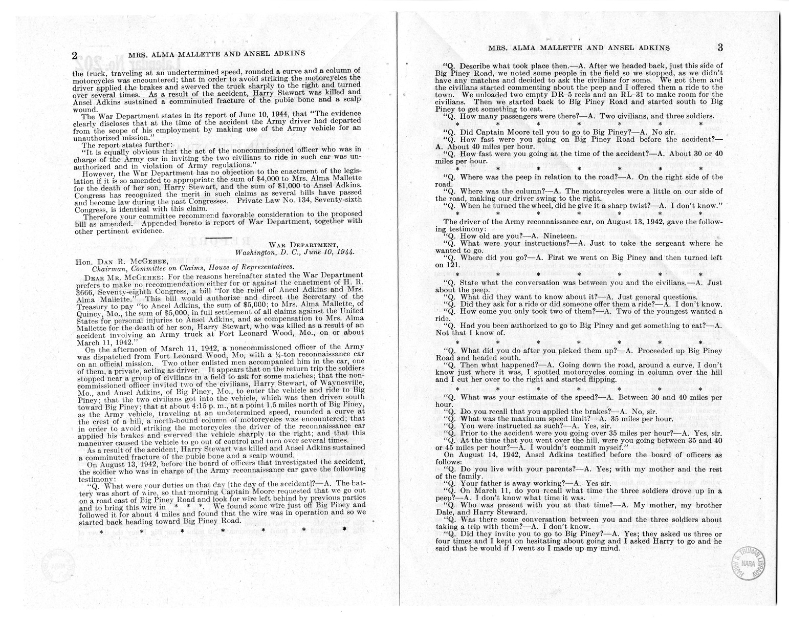 Memorandum from Frederick J. Bailey to M. C. Latta, H.R. 1558, For the Relief of Mrs. Alma Mallette and Ansel Adkins, with Attachments