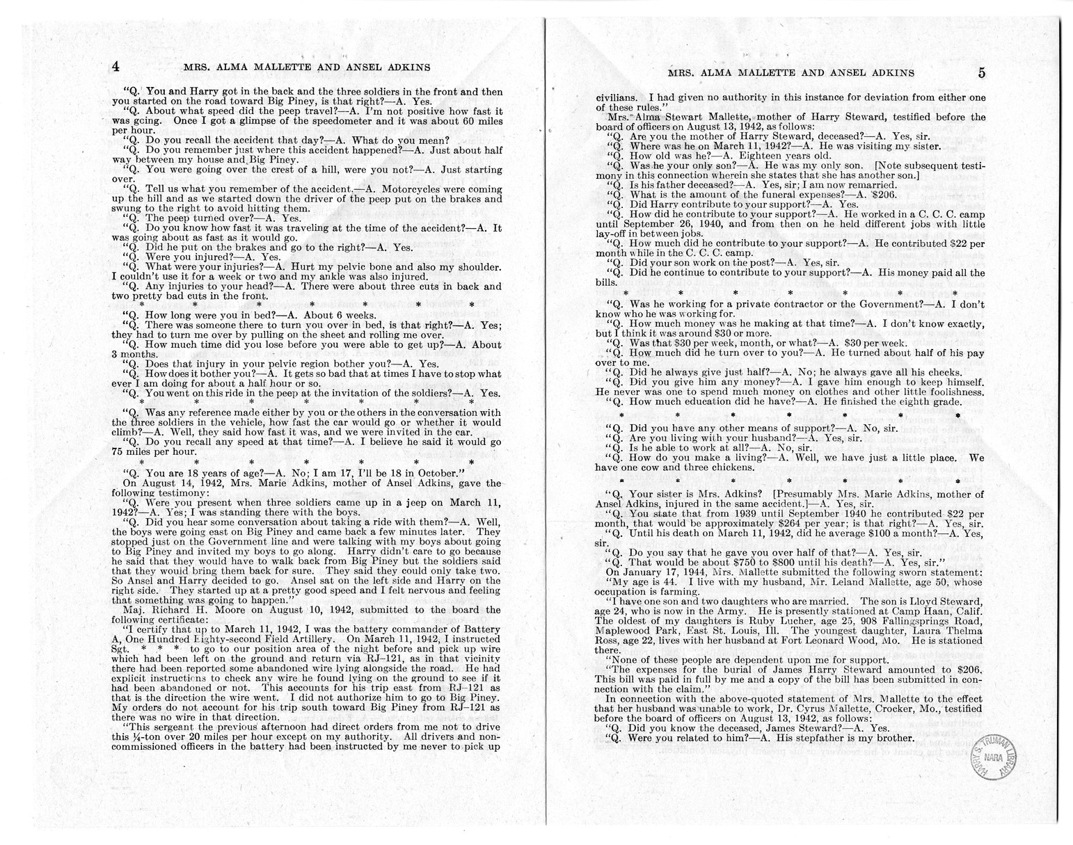 Memorandum from Frederick J. Bailey to M. C. Latta, H.R. 1558, For the Relief of Mrs. Alma Mallette and Ansel Adkins, with Attachments