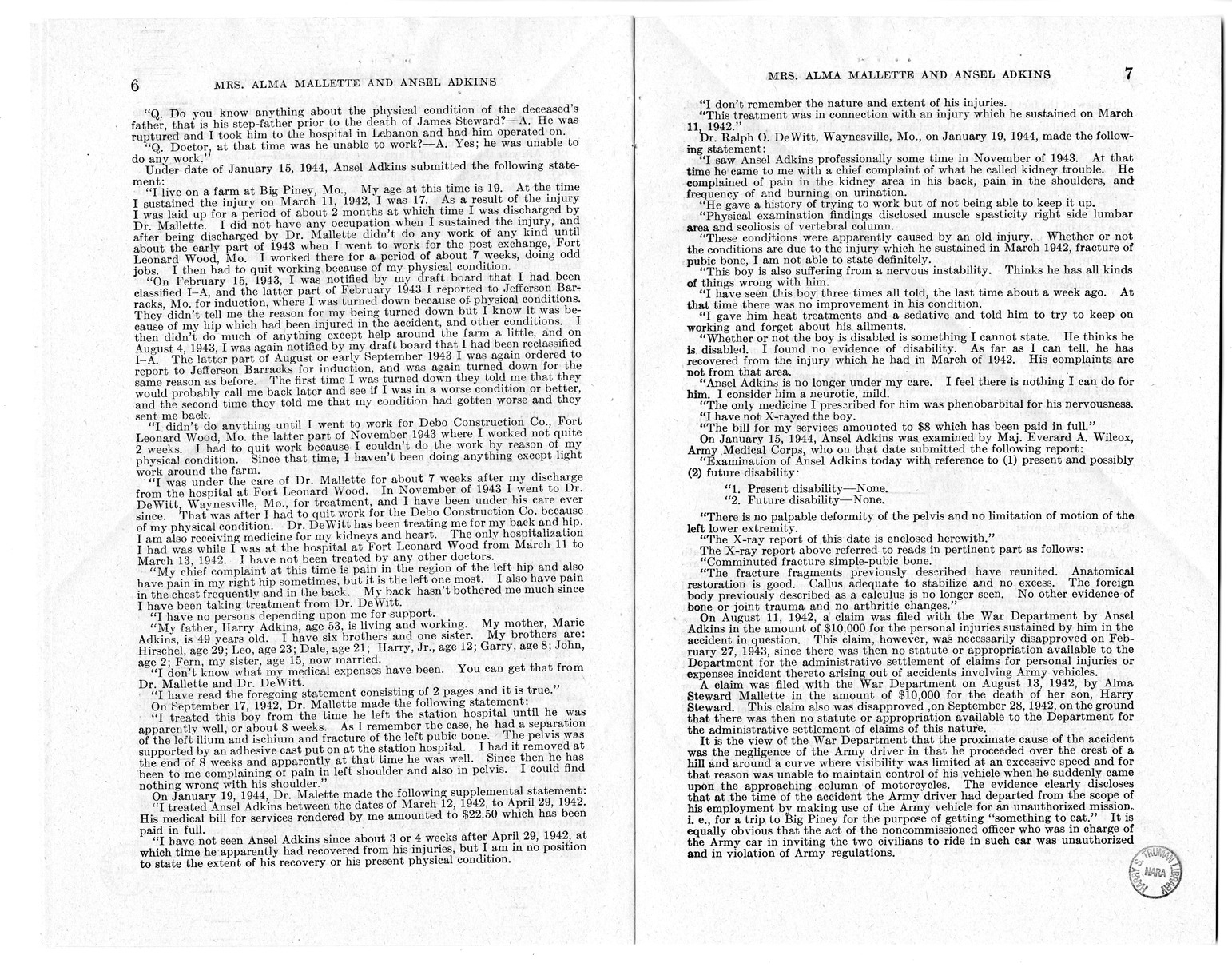 Memorandum from Frederick J. Bailey to M. C. Latta, H.R. 1558, For the Relief of Mrs. Alma Mallette and Ansel Adkins, with Attachments