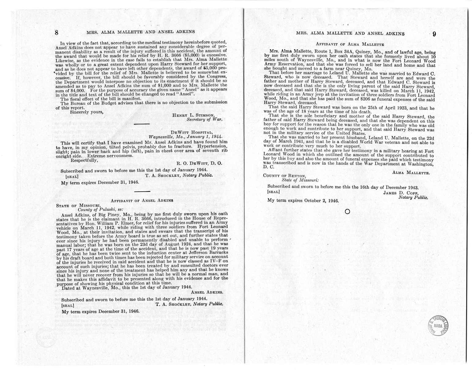 Memorandum from Frederick J. Bailey to M. C. Latta, H.R. 1558, For the Relief of Mrs. Alma Mallette and Ansel Adkins, with Attachments