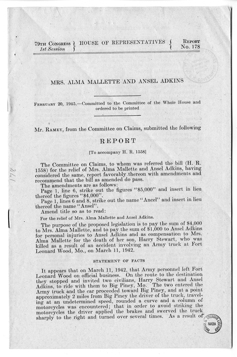 Memorandum from Frederick J. Bailey to M. C. Latta, H.R. 1558, For the Relief of Mrs. Alma Mallette and Ansel Adkins, with Attachments