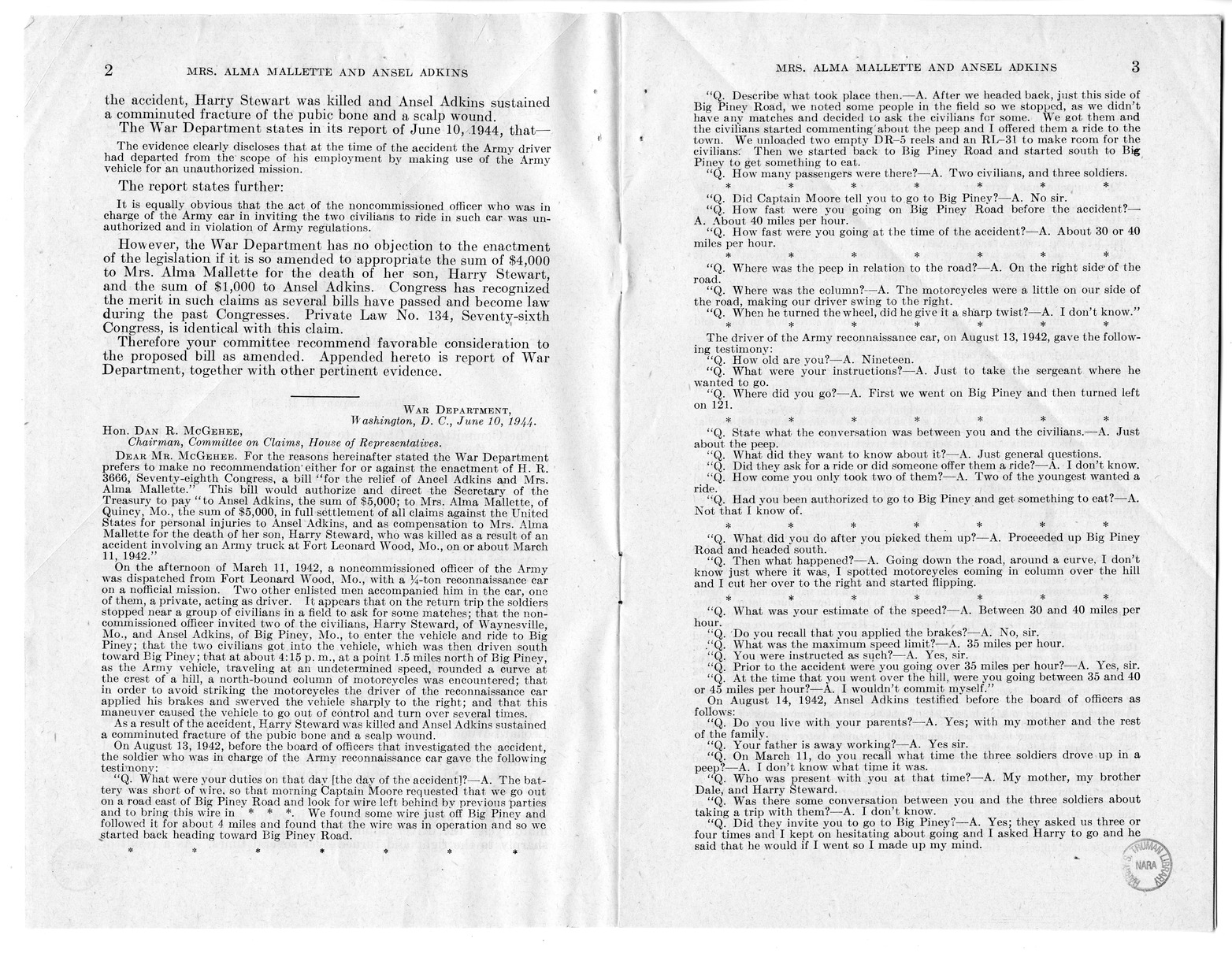 Memorandum from Frederick J. Bailey to M. C. Latta, H.R. 1558, For the Relief of Mrs. Alma Mallette and Ansel Adkins, with Attachments