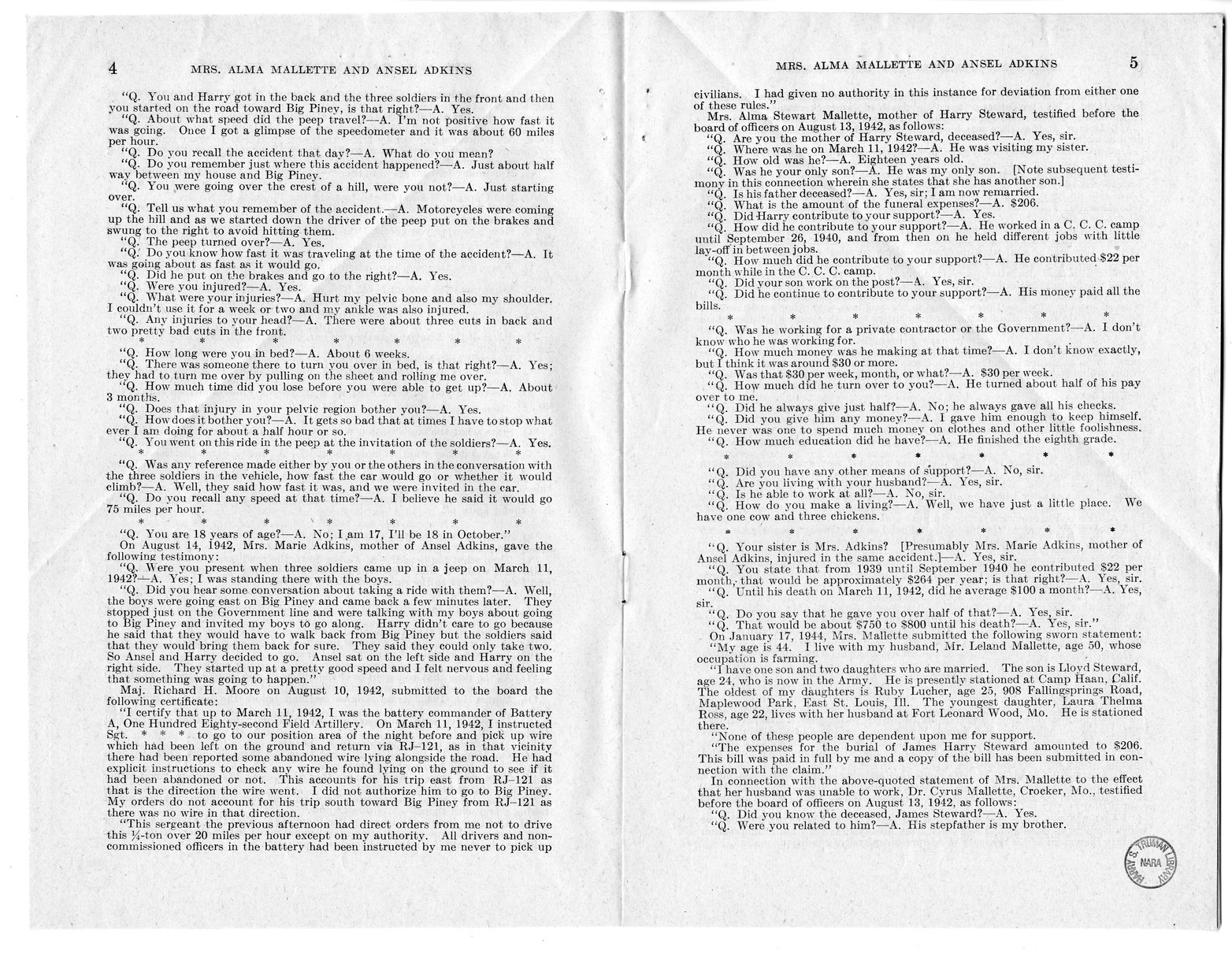 Memorandum from Frederick J. Bailey to M. C. Latta, H.R. 1558, For the Relief of Mrs. Alma Mallette and Ansel Adkins, with Attachments