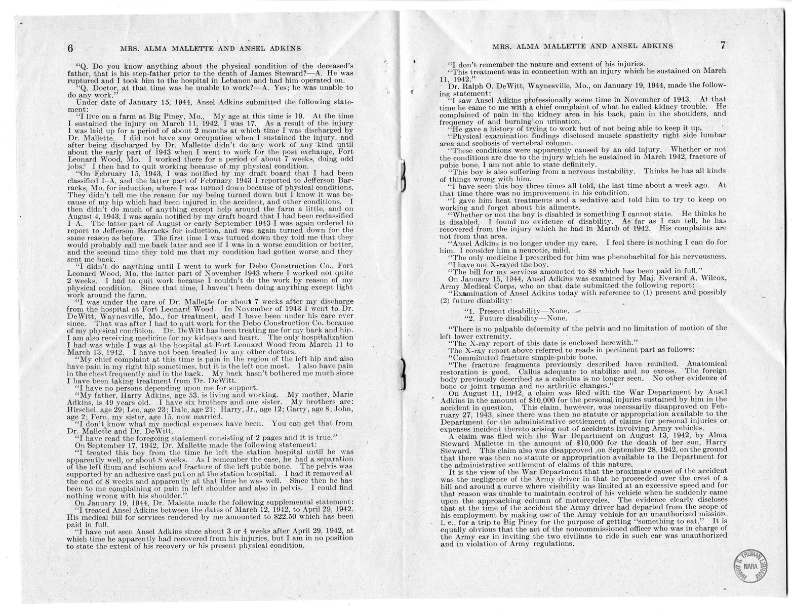 Memorandum from Frederick J. Bailey to M. C. Latta, H.R. 1558, For the Relief of Mrs. Alma Mallette and Ansel Adkins, with Attachments