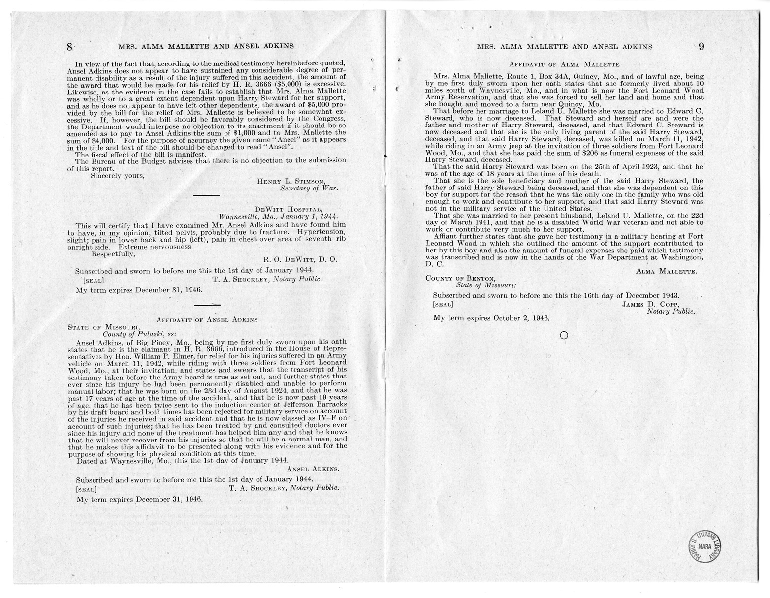 Memorandum from Frederick J. Bailey to M. C. Latta, H.R. 1558, For the Relief of Mrs. Alma Mallette and Ansel Adkins, with Attachments