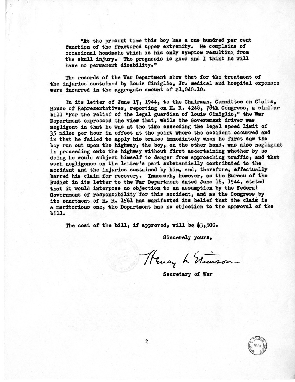 Memorandum from Frederick J. Bailey to M. C. Latta, H.R. 1561, For the Relief of the Legal Guardian of Louis Ciniglio, with Attachments