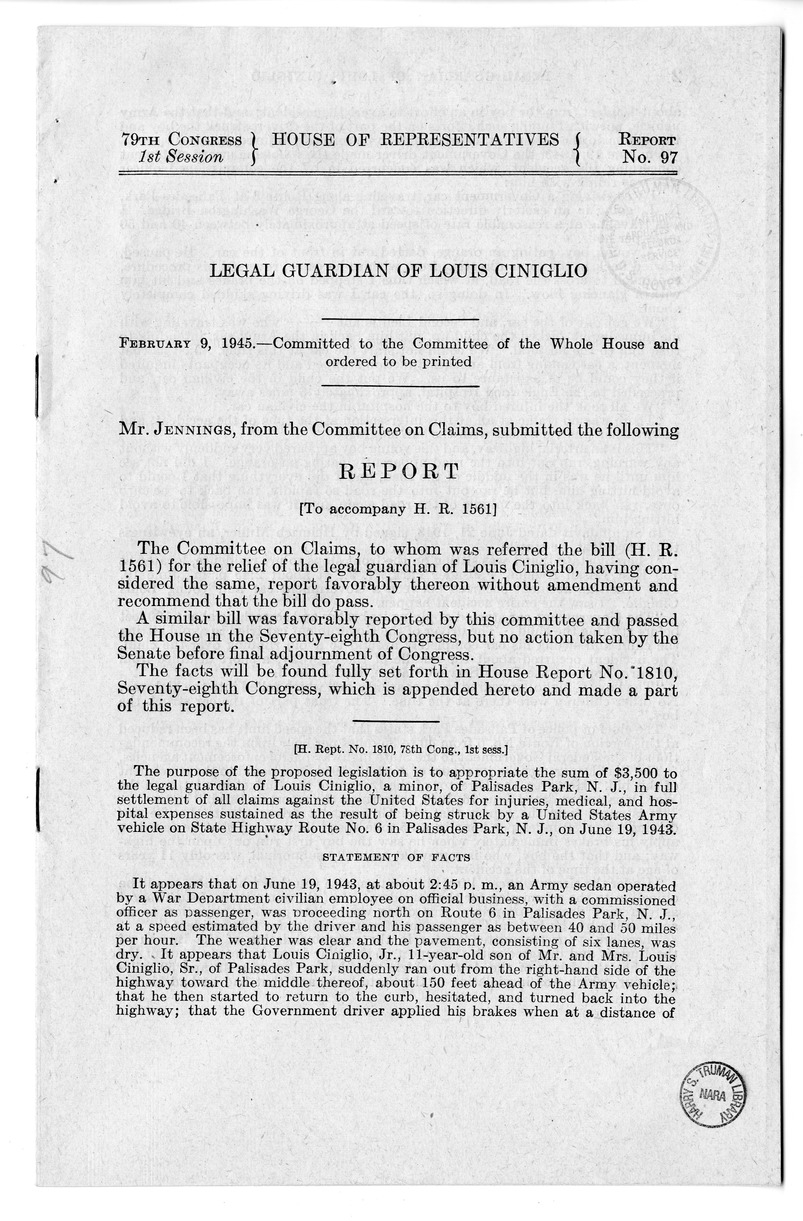 Memorandum from Frederick J. Bailey to M. C. Latta, H.R. 1561, For the Relief of the Legal Guardian of Louis Ciniglio, with Attachments