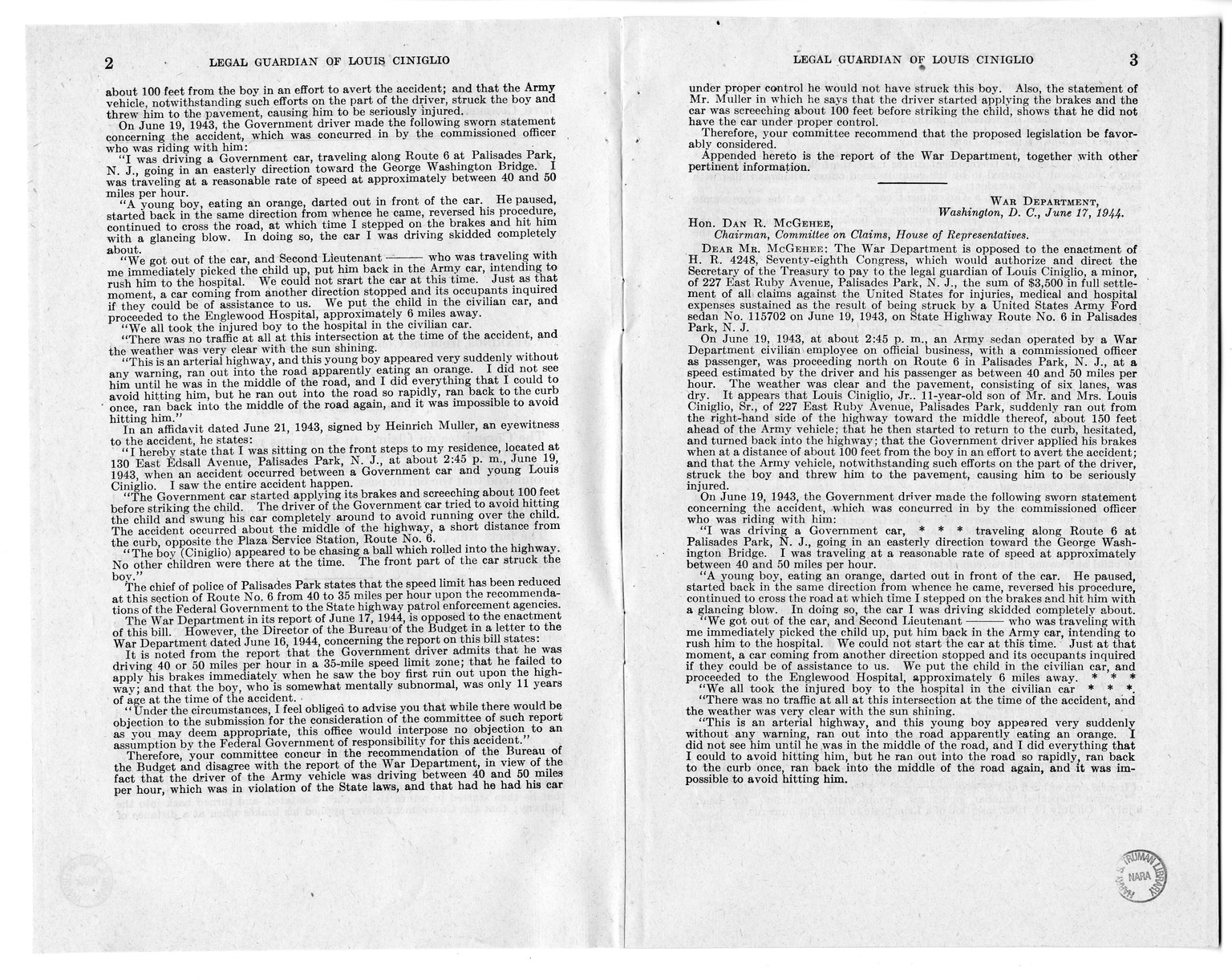 Memorandum from Frederick J. Bailey to M. C. Latta, H.R. 1561, For the Relief of the Legal Guardian of Louis Ciniglio, with Attachments