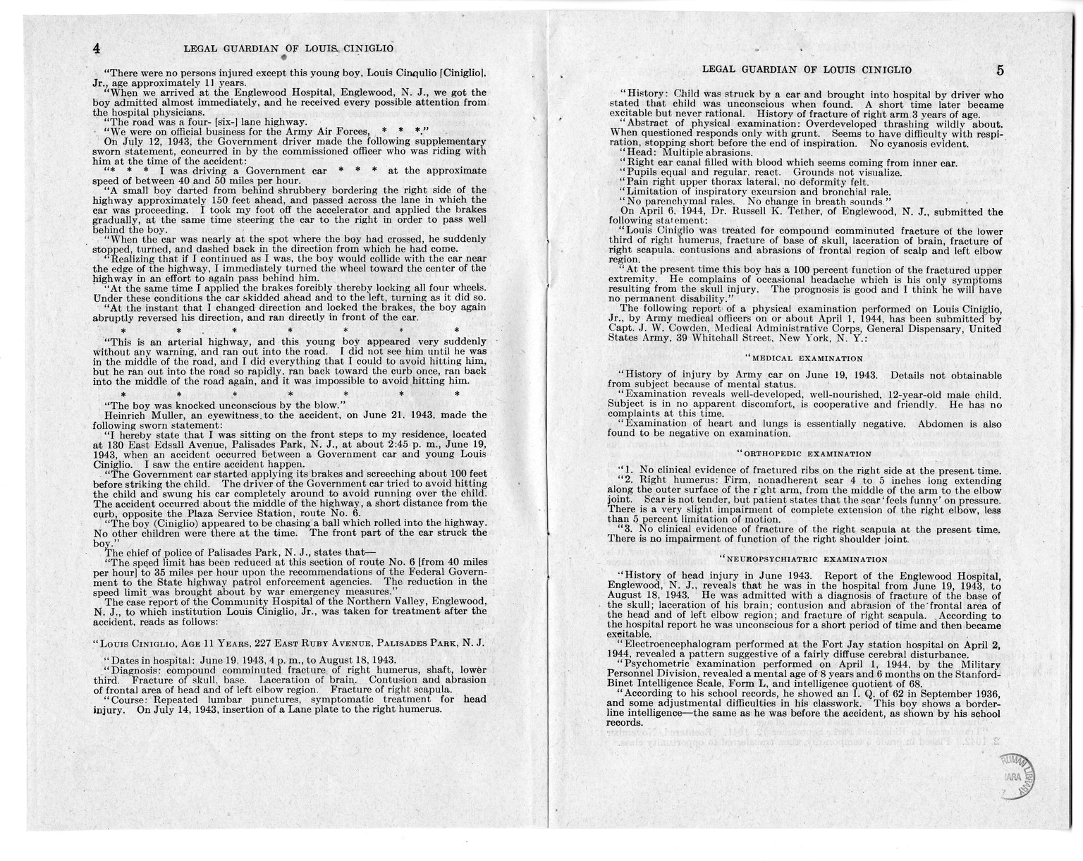 Memorandum from Frederick J. Bailey to M. C. Latta, H.R. 1561, For the Relief of the Legal Guardian of Louis Ciniglio, with Attachments