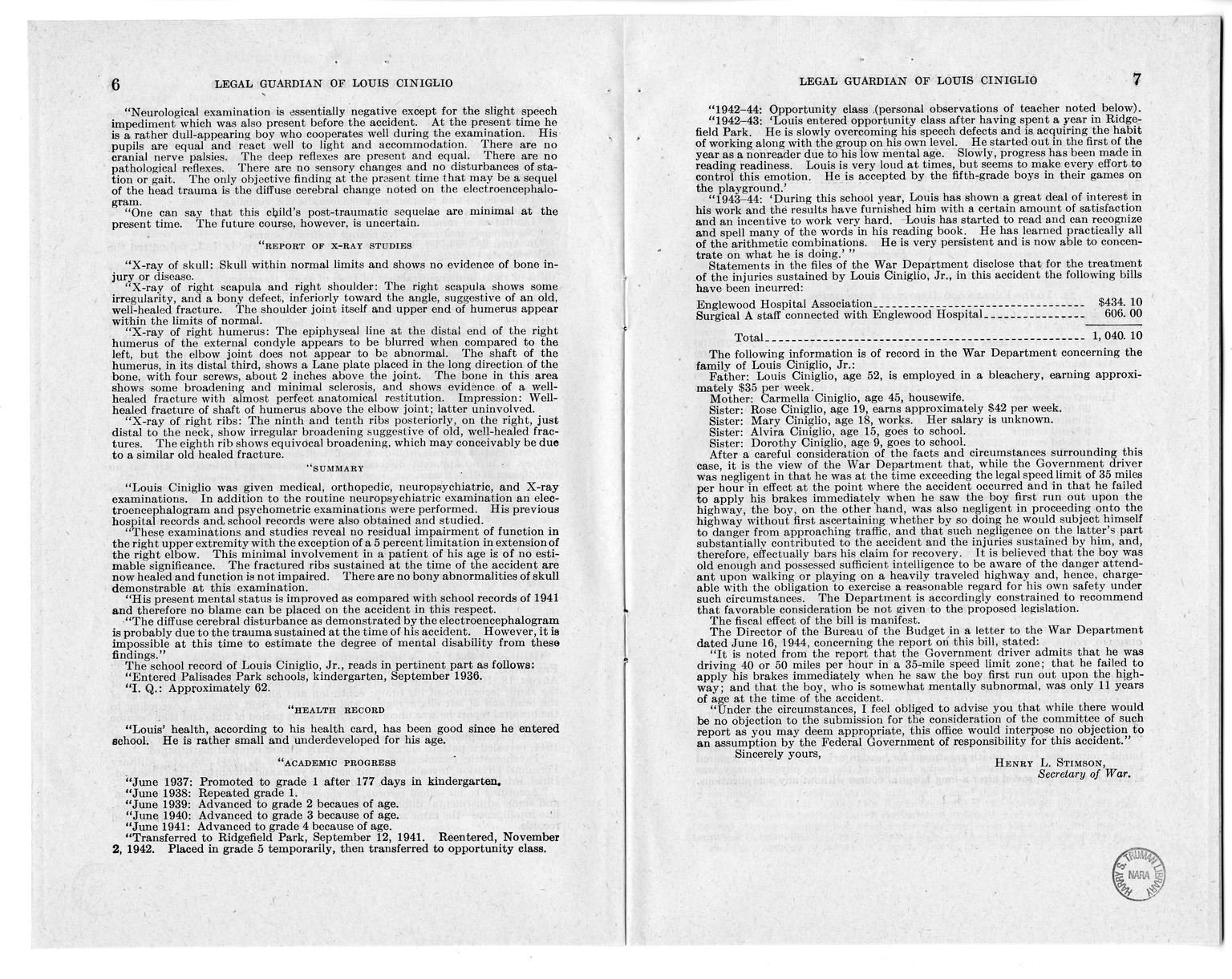 Memorandum from Frederick J. Bailey to M. C. Latta, H.R. 1561, For the Relief of the Legal Guardian of Louis Ciniglio, with Attachments