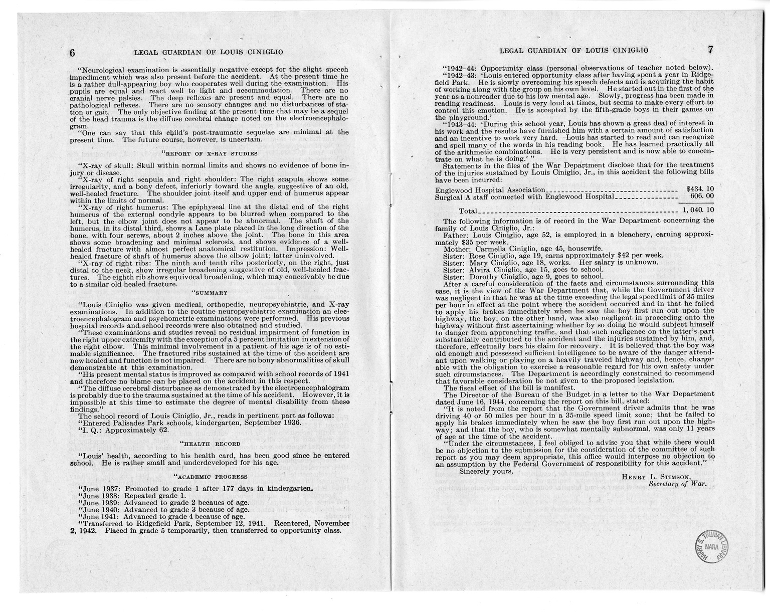 Memorandum from Frederick J. Bailey to M. C. Latta, H.R. 1561, For the Relief of the Legal Guardian of Louis Ciniglio, with Attachments