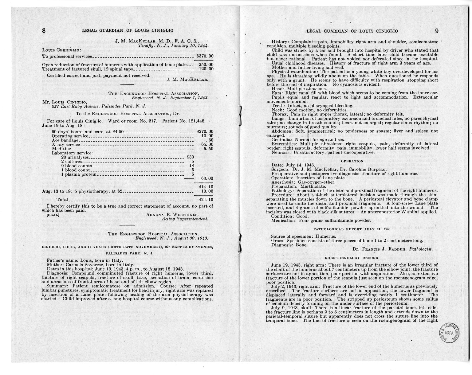 Memorandum from Frederick J. Bailey to M. C. Latta, H.R. 1561, For the Relief of the Legal Guardian of Louis Ciniglio, with Attachments