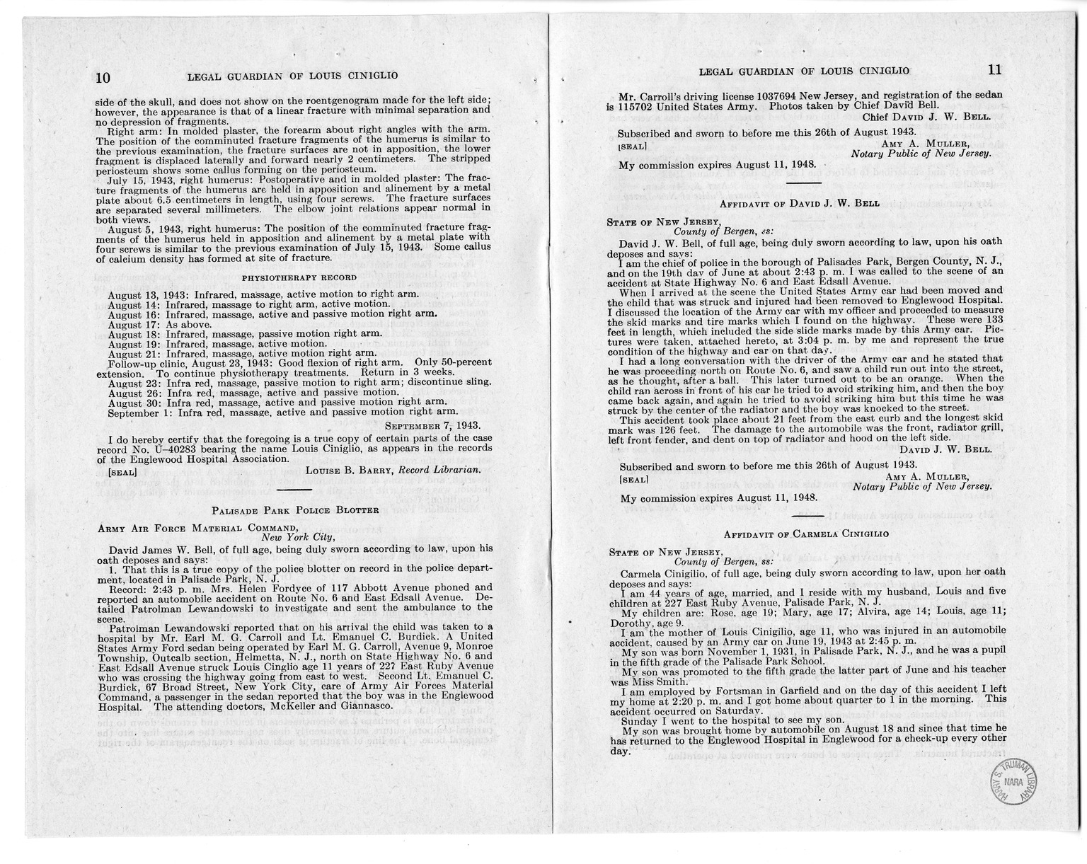 Memorandum from Frederick J. Bailey to M. C. Latta, H.R. 1561, For the Relief of the Legal Guardian of Louis Ciniglio, with Attachments