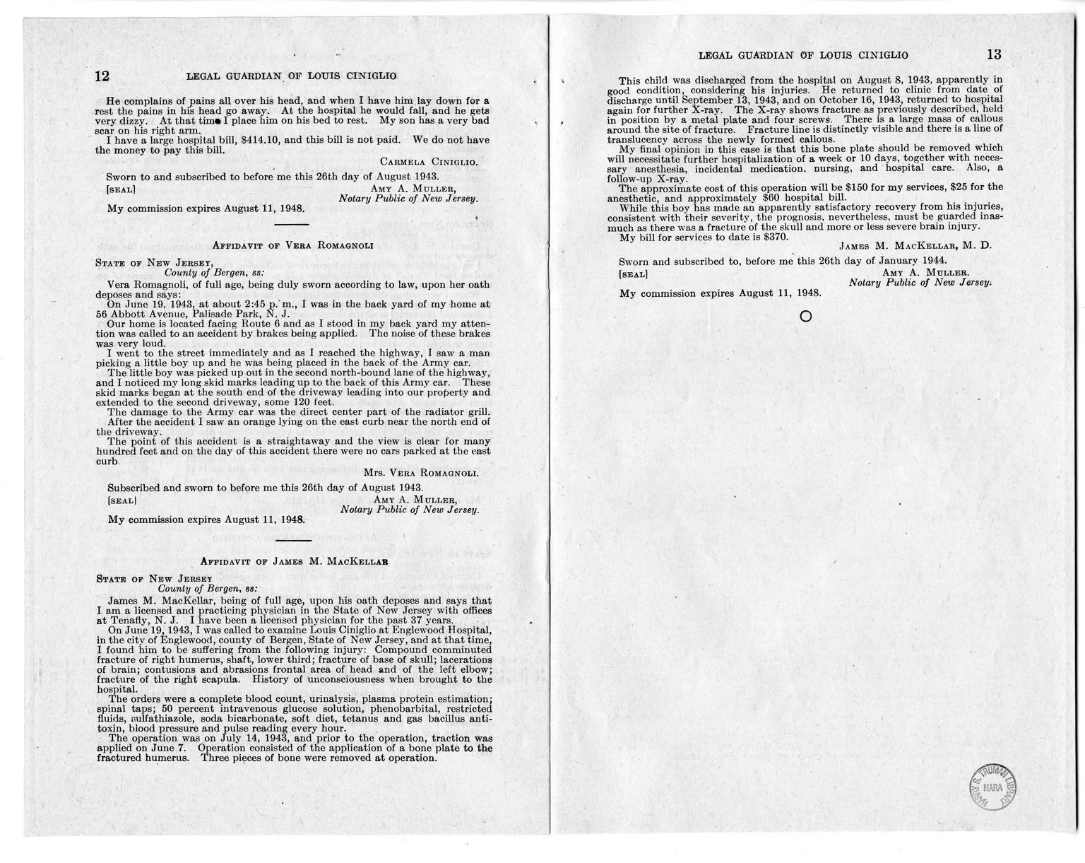 Memorandum from Frederick J. Bailey to M. C. Latta, H.R. 1561, For the Relief of the Legal Guardian of Louis Ciniglio, with Attachments