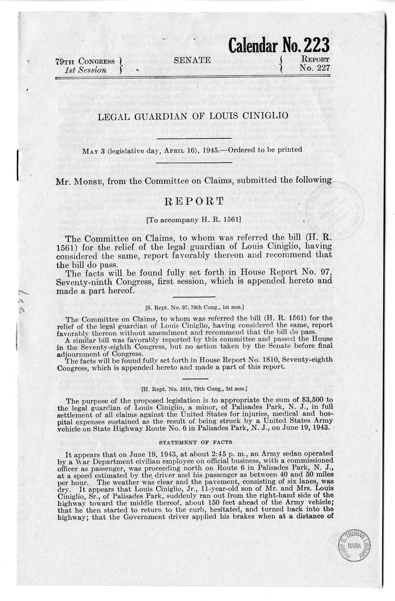 Memorandum from Frederick J. Bailey to M. C. Latta, H.R. 1561, For the Relief of the Legal Guardian of Louis Ciniglio, with Attachments
