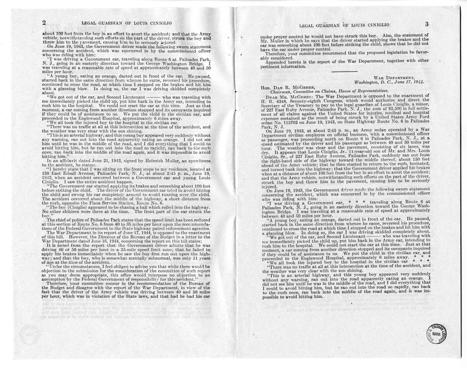 Memorandum from Frederick J. Bailey to M. C. Latta, H.R. 1561, For the Relief of the Legal Guardian of Louis Ciniglio, with Attachments